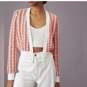 Anthro Bridget Knit Button Front Semi-Crop Cardigan Red White